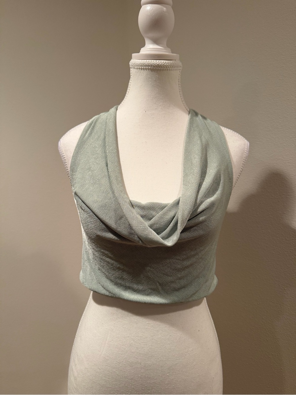 Sleeveless Draped Cowl Crop Top Tie in Back - Sage / Mint Green